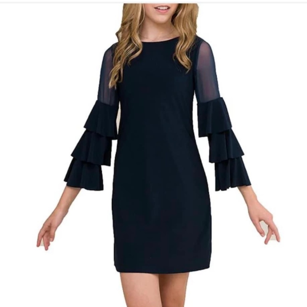 Un Deux Trois Navy Blue Tiered Bell Sleeve Girls' Formal Dress